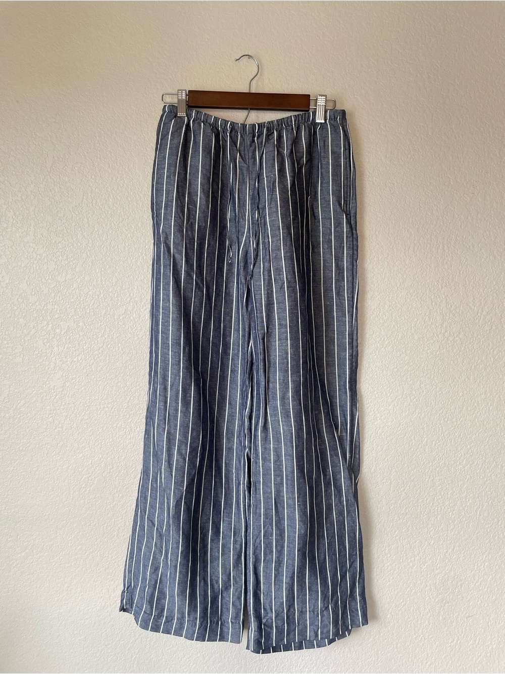 H&M Small Linen Blend Chambray Blue White Stripe Wide Leg Drawstring Pants